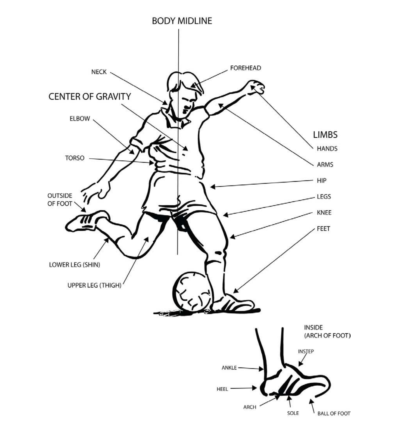 Diagram of a player striking a ball with key body parts and foot surfaces labelled